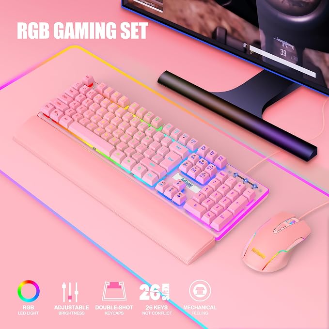 RedThunder K10 Wired Gaming Keyboard and Mouse and Wrist Rest Combo, RGB Backlit