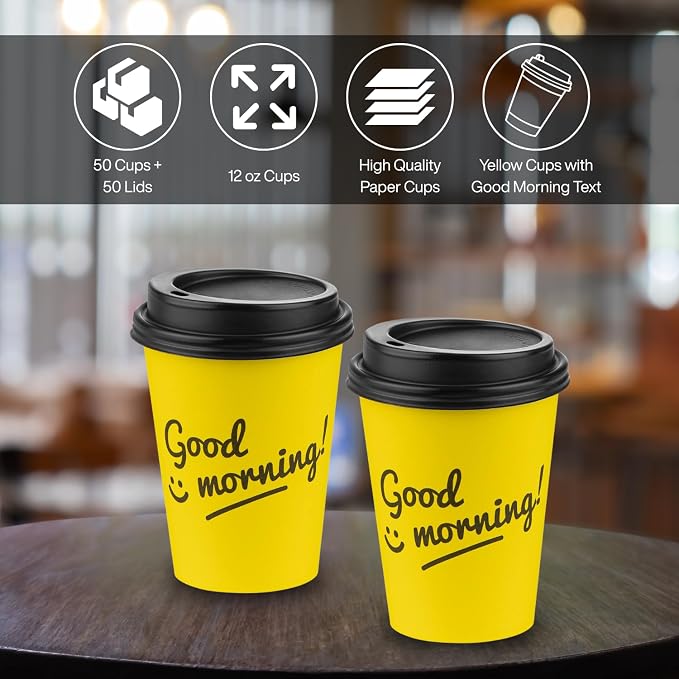 Disposable Coffee Cups with Lids, To Go Paper Hot Cups, Good Morning Design