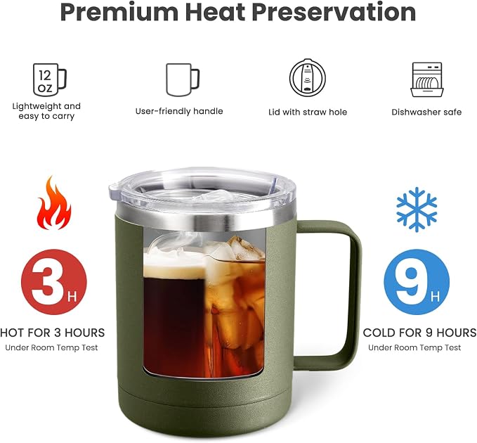 MEWAY 12oz Coffee Mug With Handle and Sliding Lid, Stainless Steel Travel