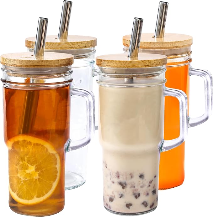 24oz Glass Cups with Lids and Straws