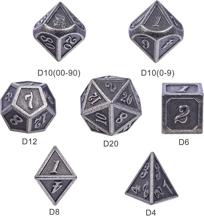 DnDnD Acient Silver Metal DND Dice Set, Pathfinder, Savage World and Table Games