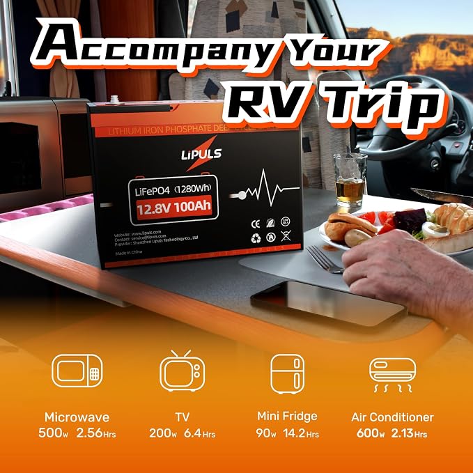 12.8V 100Ah LiFePO4 Battery, Group 24 Size • Built-in 100A BMS, Max.1280Wh