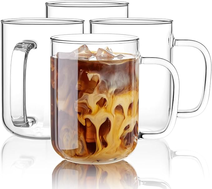 Glass Coffee Mugs, 24 oz Ice coffee cups, Large Clear Tea Cups Set of 4