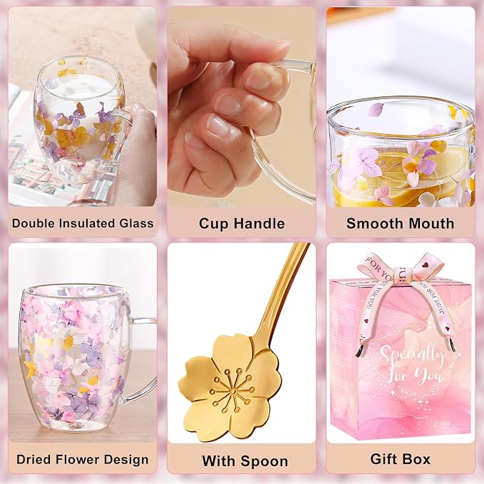 Double Wall Glass Coffee Mugs, Aesthetic Dried Flowers Cups