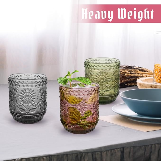 Topsky Vintage Drinking Glass Set of 4, 12 oz Embossed Floral Drinkware Set