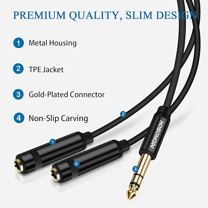 HOSONGIN 1/4" Stereo Splitter Cable, 1/4 Inch TRS Male to Dual TRS Female Y