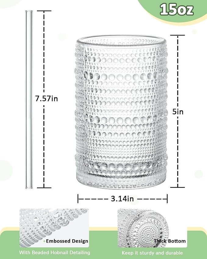 Large Capacity Glasses Drinking Set of 12, 15 oz Vintage Glassware Hobnail