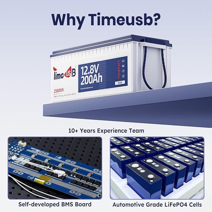 12V 200Ah Plus LiFePO4 Battery, Timeusb Lithium Battery