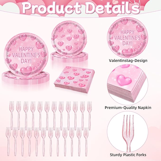 96 Pieces Valentine’s Day Tableware Set – Pink Heart Disposable Plates and