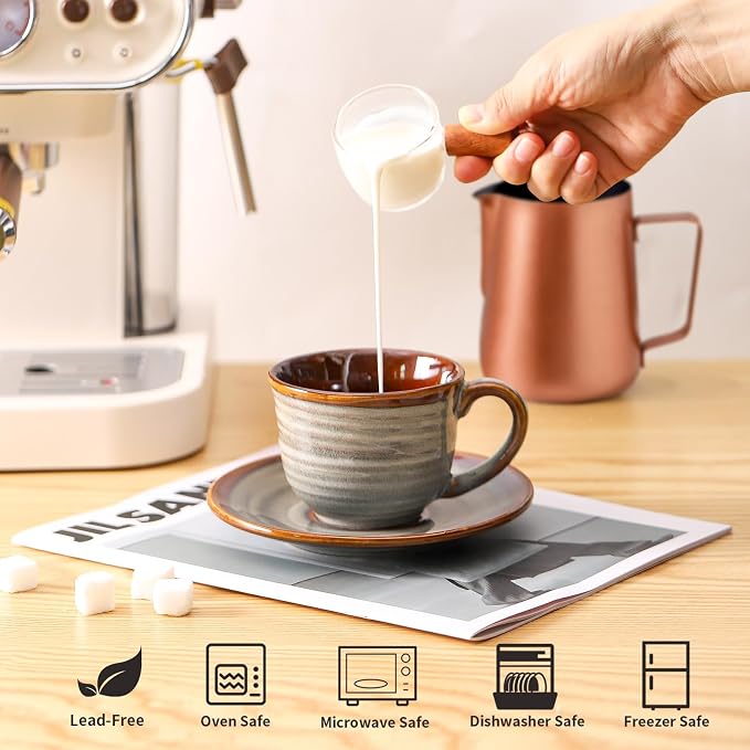HASENSE Ceramic Tea Cups and Saucers, 8oz Cappuccino Cups Set of 4, Espresso
