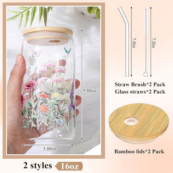 Mumufy 2 Pack Wildflower Glass Cups Gift Aesthetic Cute Glass Cup Tumbler
