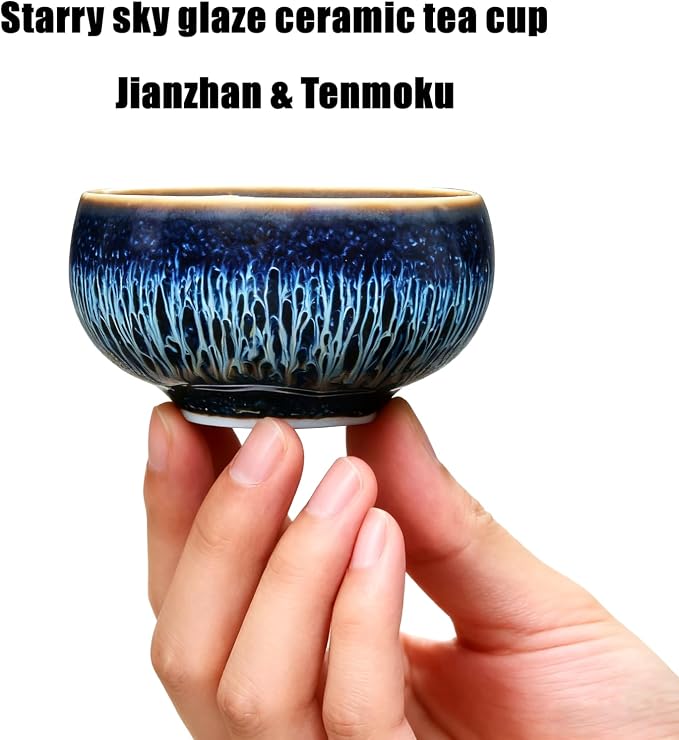 Tenmoku Ceramic Tea Cup with Lotus, 3 oz Chinese Small Teacup | Handmade