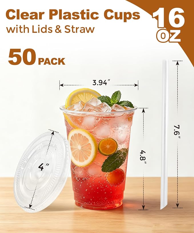 Ginkgo 50 Pack 16 oz Clear Plastic Cups