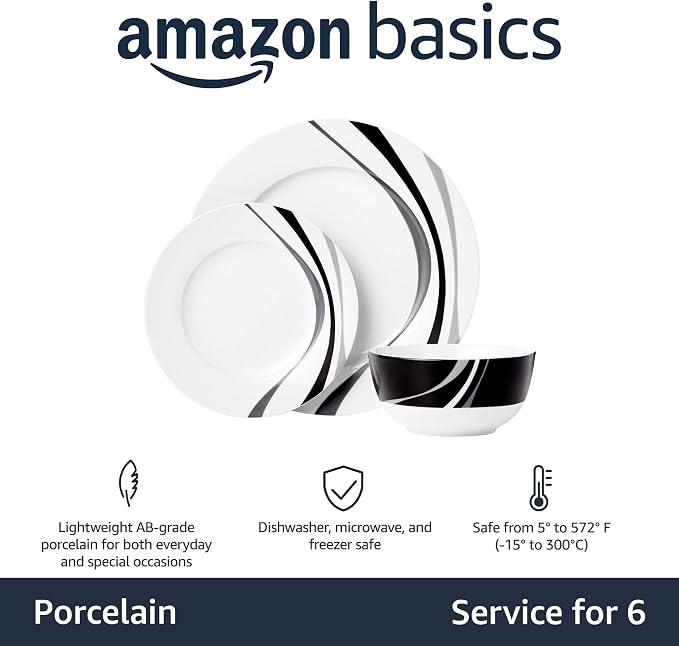 Amazon Basics 18-Piece Complete Kitchen Dinnerware Set, Microwave and