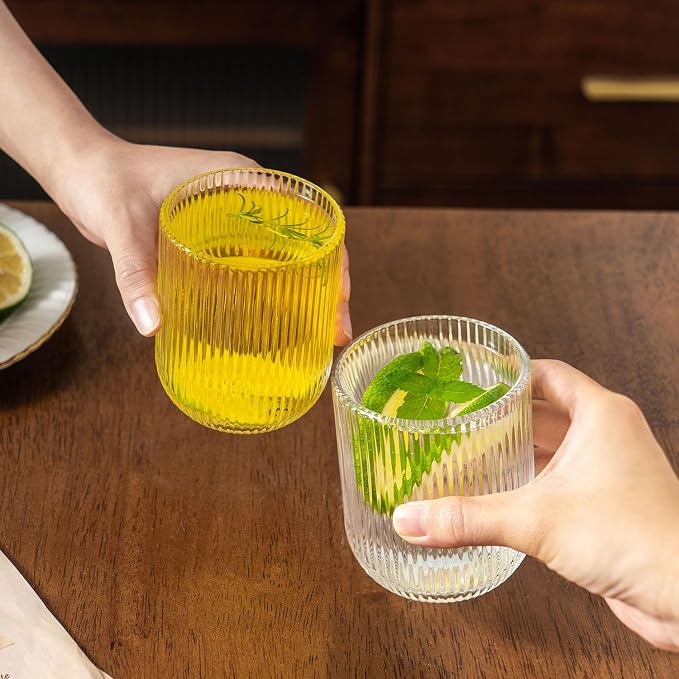 Ribbed Drinking Glasses 8pcs, Rocks Drinking Glasses 12oz and 10oz, Tumbler