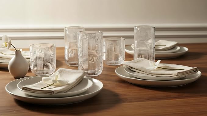 Highball Glasses Set of 8, 14 oz Embossed Drinking Glasses, Vintage Art Deco