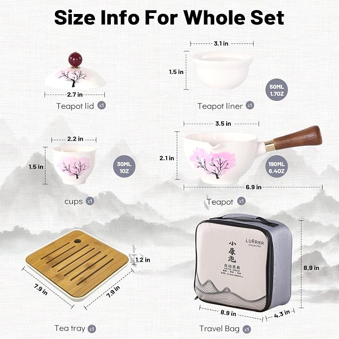 LURRIER Porcelain Chinese Gongfu Tea Set, Portable Teapot Set
