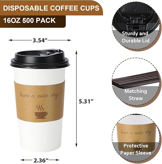 BYSNOW 500 pack 16 oz Bulk Disposable Paper Coffee Cups