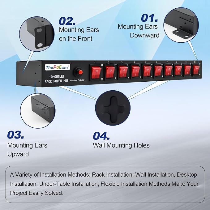 10 Outlets Horizontal 1U PDU Rackmount Power Strip