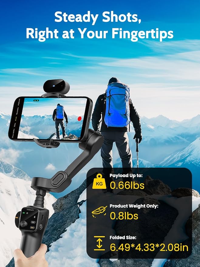 3-Axis Gimbal Stabilizer for iPhone & Android, NO APP AI Tracking, 7.8'