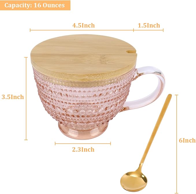 Pink Vintage Latte Mugs Set of 2, 16oz Large Pink Glass Embossed Coffee Mug
