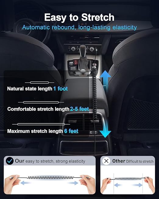USB C Cable for Car 3FT/6FT, Coiled USB C to USB C Cable Fast Charging 66W