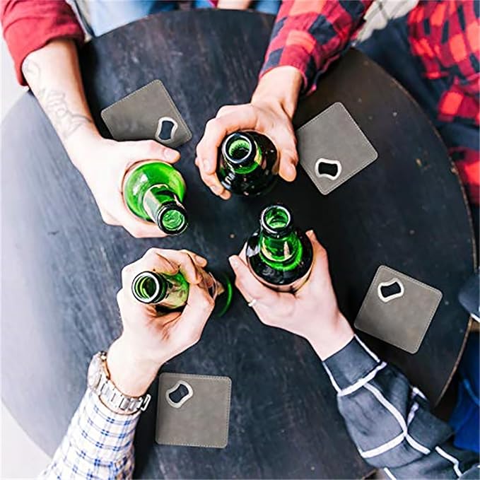 PU Leather Drink Coaster with Bottle Opener Stainless Steel Bartender Beer
