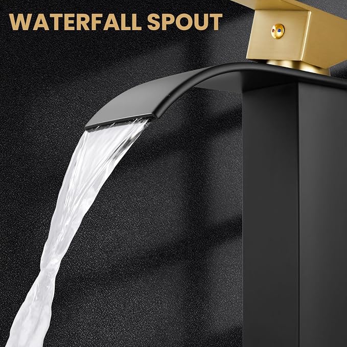 Waterfall Bathroom Tall Vessel Faucet Matte Black&Brushed Gold Vanity