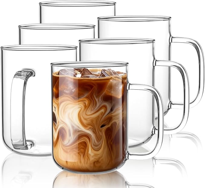 Glass Coffee Mugs, 20 oz Ice Coffee Cups Set of 6, Large Clear Tea Cups