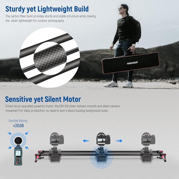 NEEWER 47.2”/120cm Motorized Camera Slider, App Wireless Control Carbon Fiber