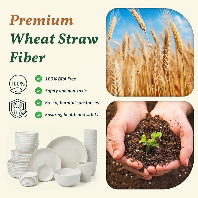 40 PCS Kitchen Dinnerware Sets, Wheat Straw Plates and Bowls Sets, Unbreakable
