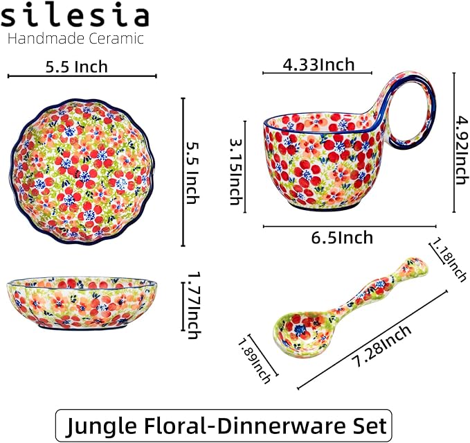 silesia Handmade Loop Handle Soup Bowl, Plate and Spoon Set Ceramic Hand