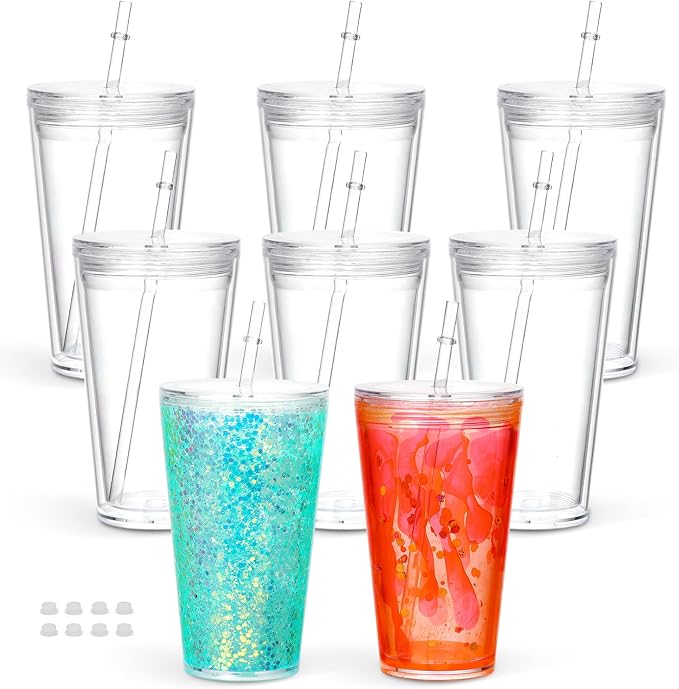 8 Pack 16 Oz Acrylic Snowglobe Tumbler, Pre-Drilled Double Wall Plastic Kids