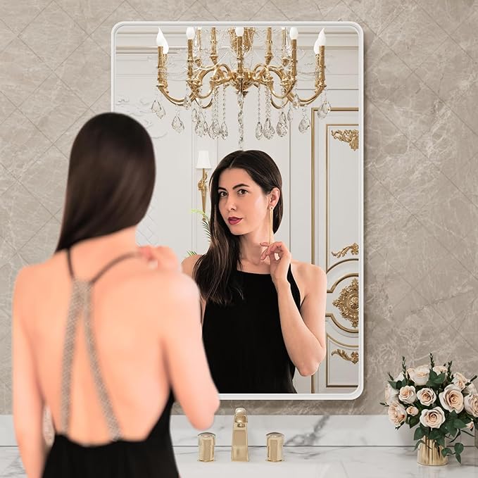 24x36 Inch White Metal Framed Bathroom Mirror