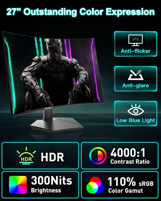 SANSUI 27 Inch Curved 160Hz Gaming Monitor, 1500R Curved Computer Gaming