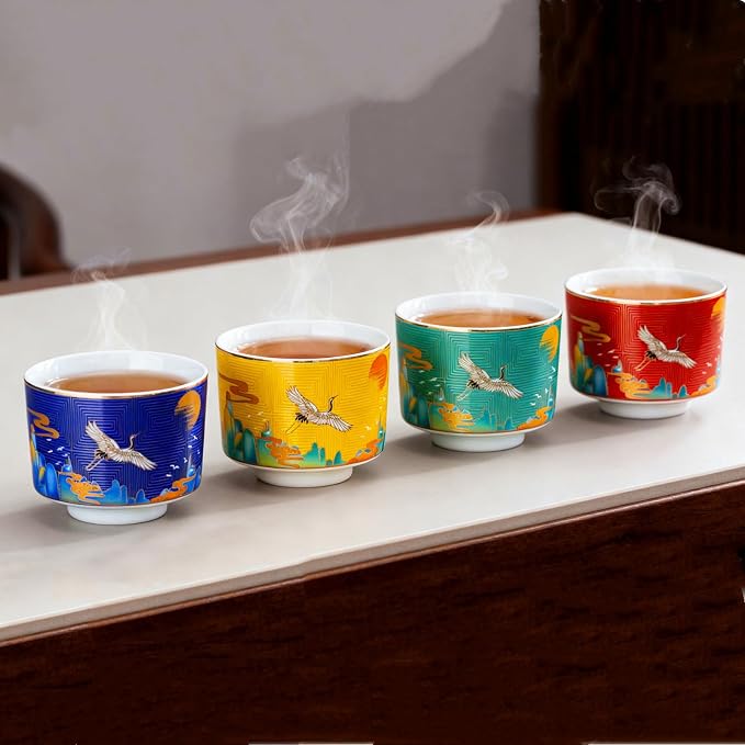 Chinese Tea Cups Set of 4, Crane Pattern Enamel Ceramic Cup, 4.3 oz | Handleless