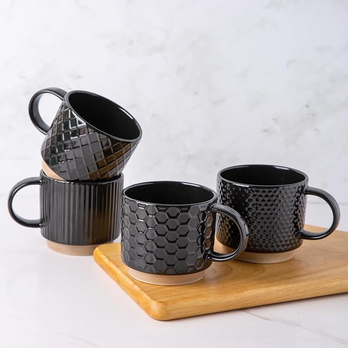 GBhome 12 OZ Stackable Coffee Mugs Set of 4, Ceramic Black Coffee Cups Set | 4