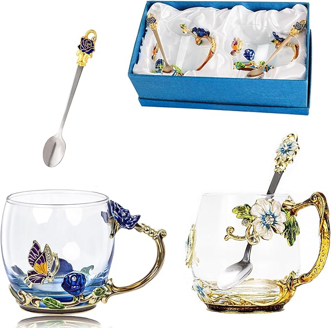 Tea Cup Glass Coffee Mugs, Fancy Tea Cup Set Birthday Christmas Valentine's Day