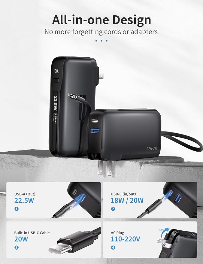 1 Pack Portable Charger with Built-in USB-C Cable & Plug, 000mAh 5V/4.5A Power