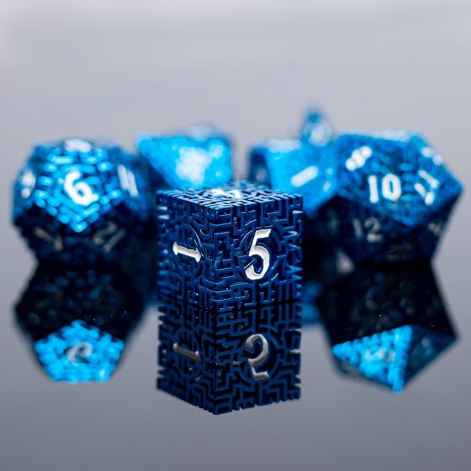 Blue Metal Hollow DND Dice Set Metallic Luster Maze Design