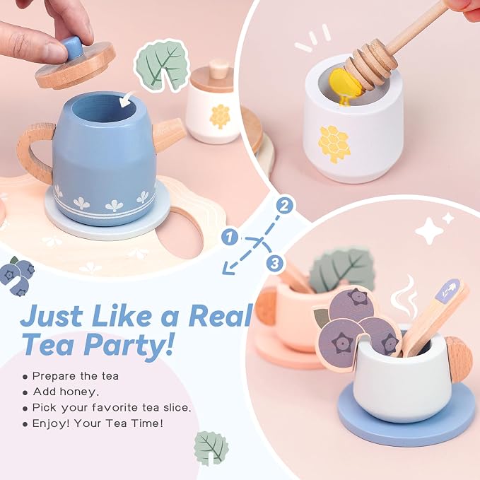 Wooden Tea Set for Little Girls, Play Food Sets for Kids Pretend Play Kitchen
