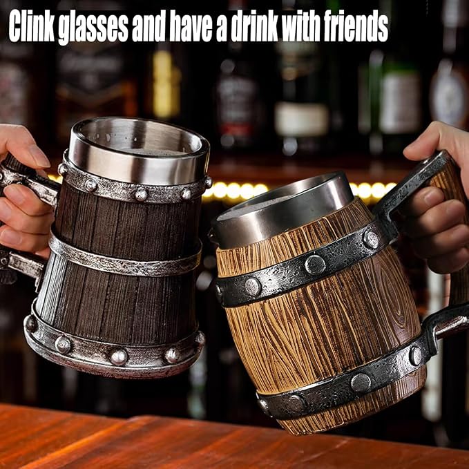 Nordic Viking Mug, pirate Beer Cup, Wooden Barrel Beer Mug Stainless Steel Liner