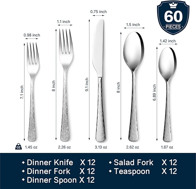 Silverware Set for 12, 60 Piece Flatware Set, 18/10 Stainless Steel | Hammered