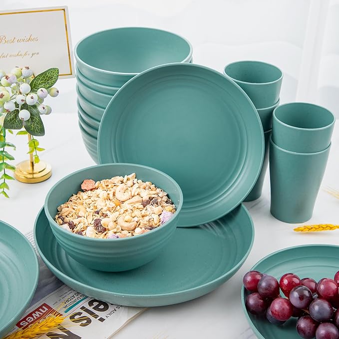 32 Pcs Teal Wheat Straw Dinnerware Set