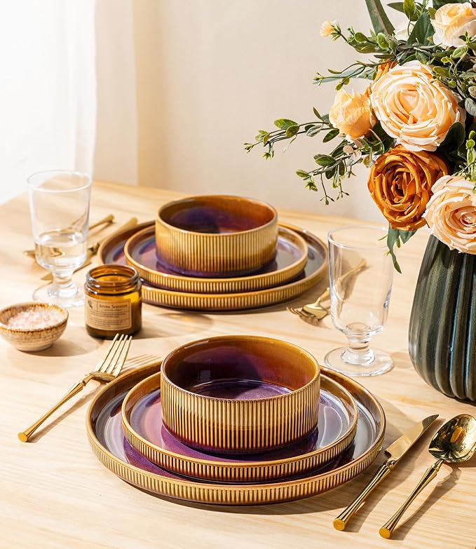 Ceramic Dinnerware Set for 4, 12-Piece Plates and Bowls Set | Lightweight
