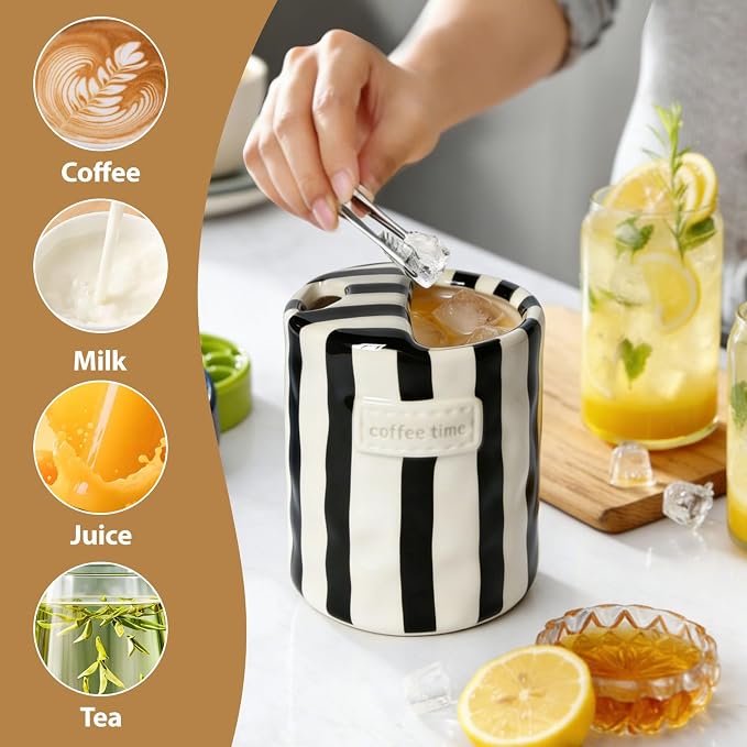 Ceramic Coffee Mug with Sip Hole, 10oz Retro Striped Coffee Cups, Cute Ceramic