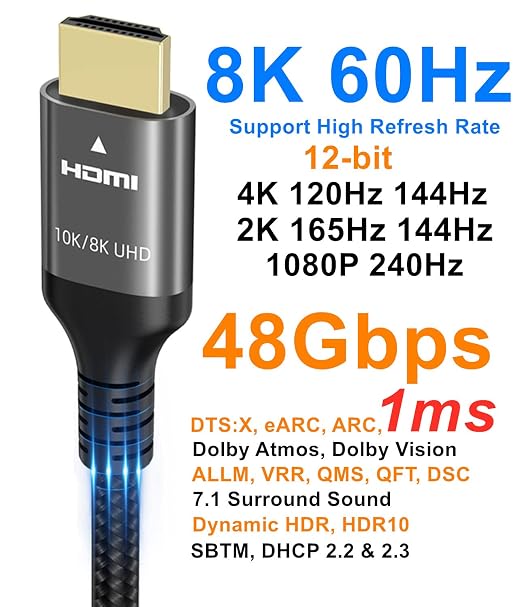 10K 8K 4K HDMI Cable 48Gbps 1.5 FT, Certified Ultra High Speed HDMI® Cable 4K