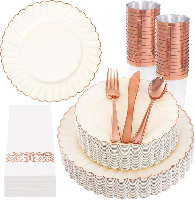 YOUBET 175PCS Ivory Scalloped Plastic Plates