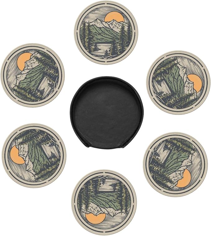 Mountain Sunset Leather Drinks Coasters