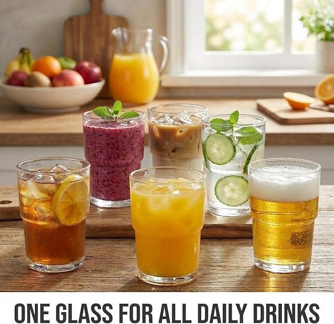 Clear Ribbed Glass Cups, 13 oz Stackable Drinking Glasses